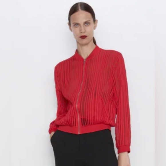 Zara Jackets & Blazers - Zara - Red Striped Organza Long Sleeve  Lightweight Zipper Closure Jacket SZ XL